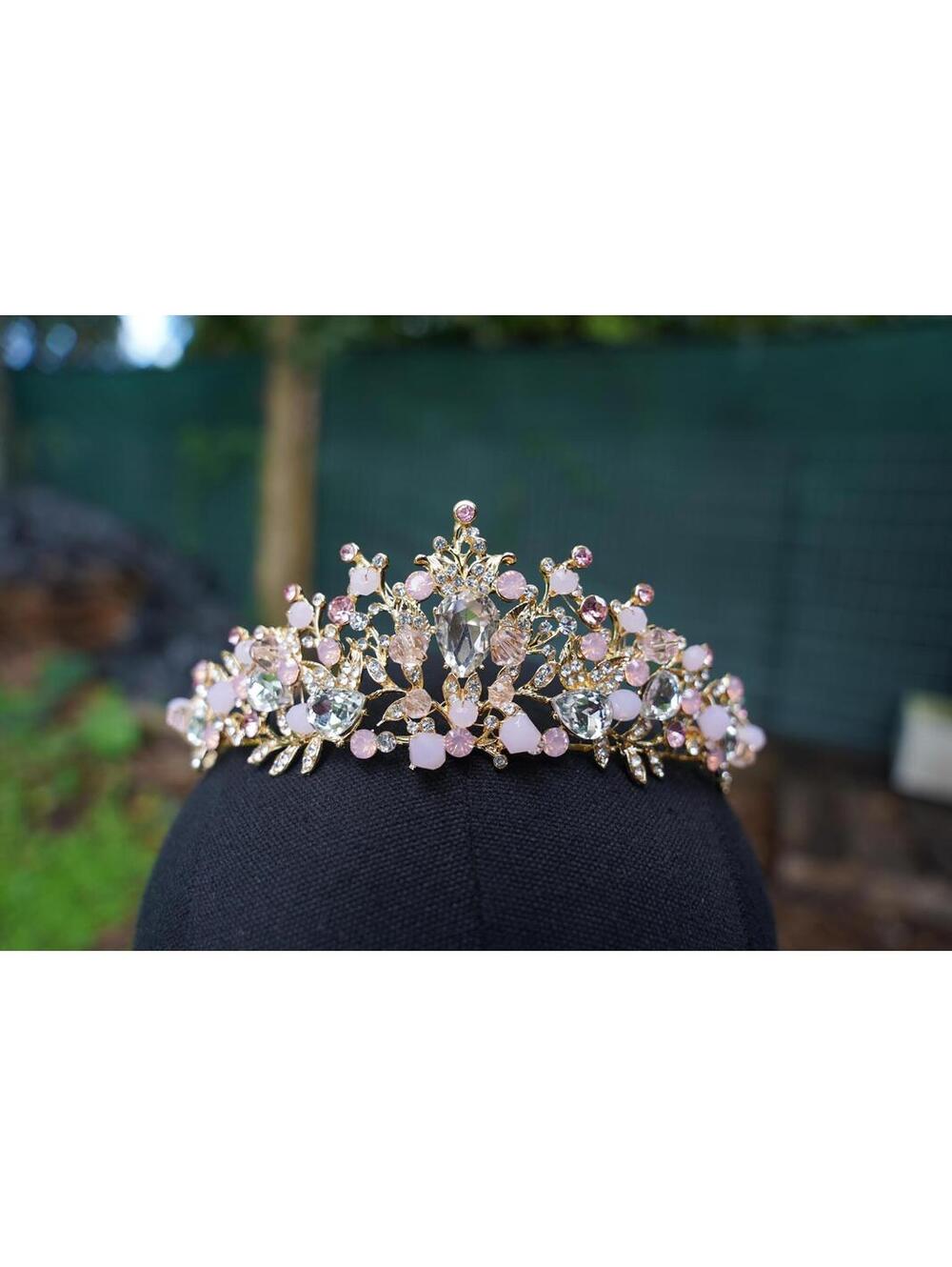 Pink Gold woodland Tiara Bridal crown Crystal Birthday Wedding Gift Diadem